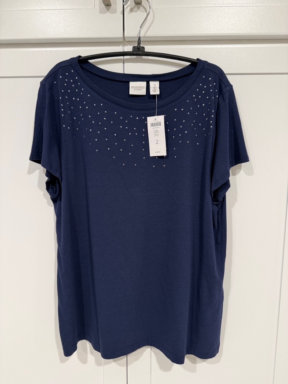 Chico's Navy Short-Sleeve Crewneck Tee with Stud Detail